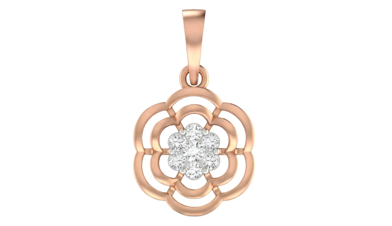 Rose gold pendant with a diamond center on a white background