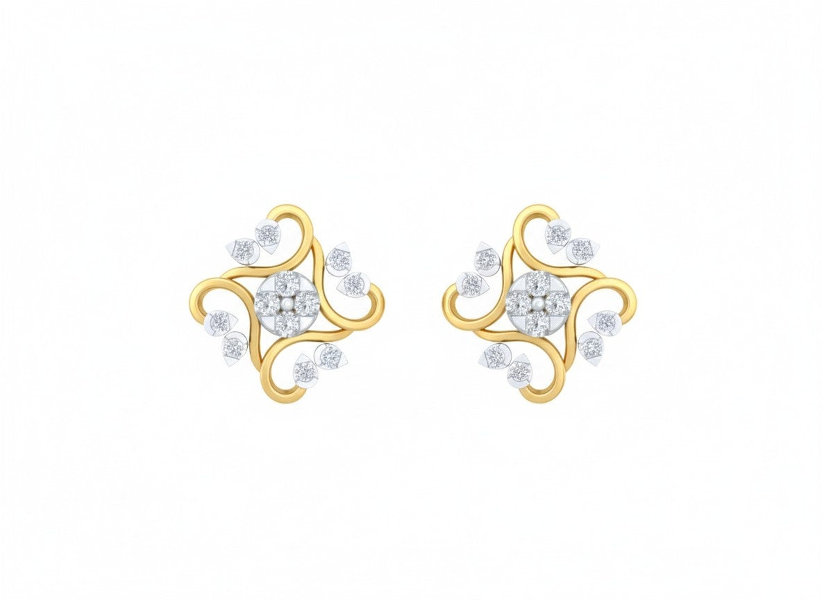 Yellow gold and diamond floral stud earring on a white background.