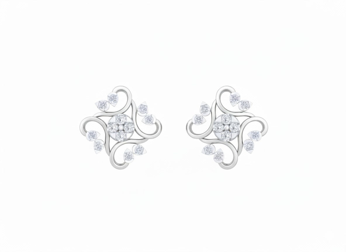 White gold and diamond floral stud earring on a white background.