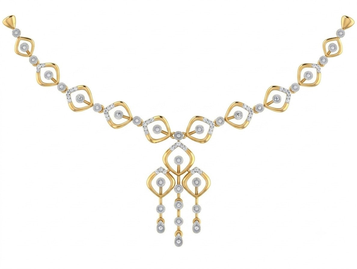 A yellow gold and diamond necklace with a geometric style design, featuring a central motif and dangling elements, shown on a plain white background.