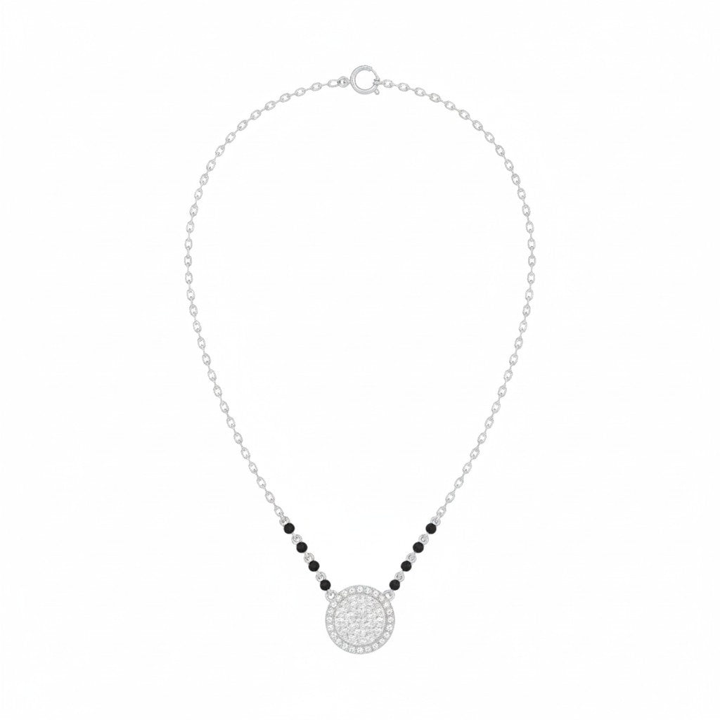 white gold and diamond mangalsutra with black and white beads on a white background
