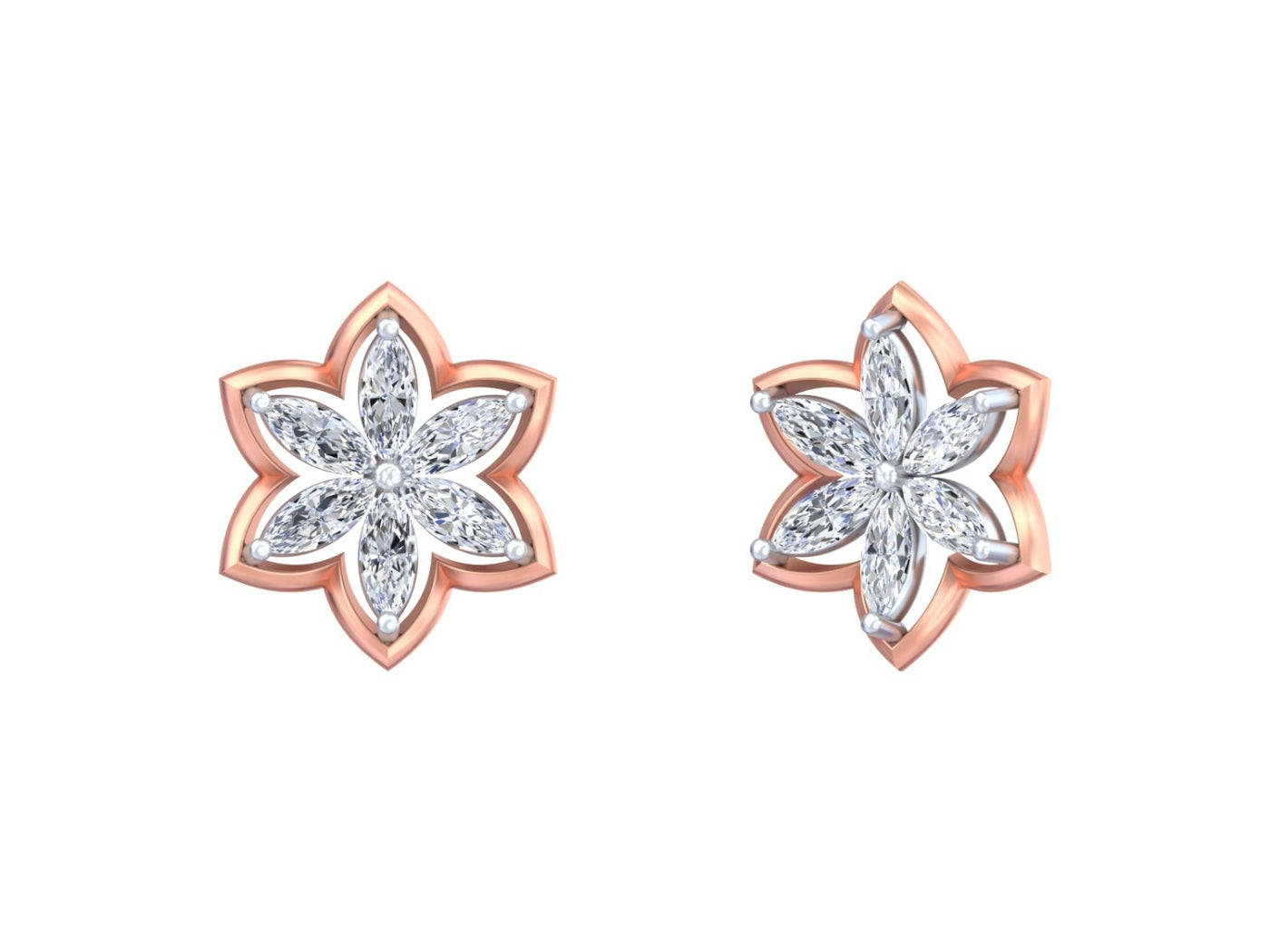 Pair of rose gold and diamond floral-shaped stud earrings on a white background.