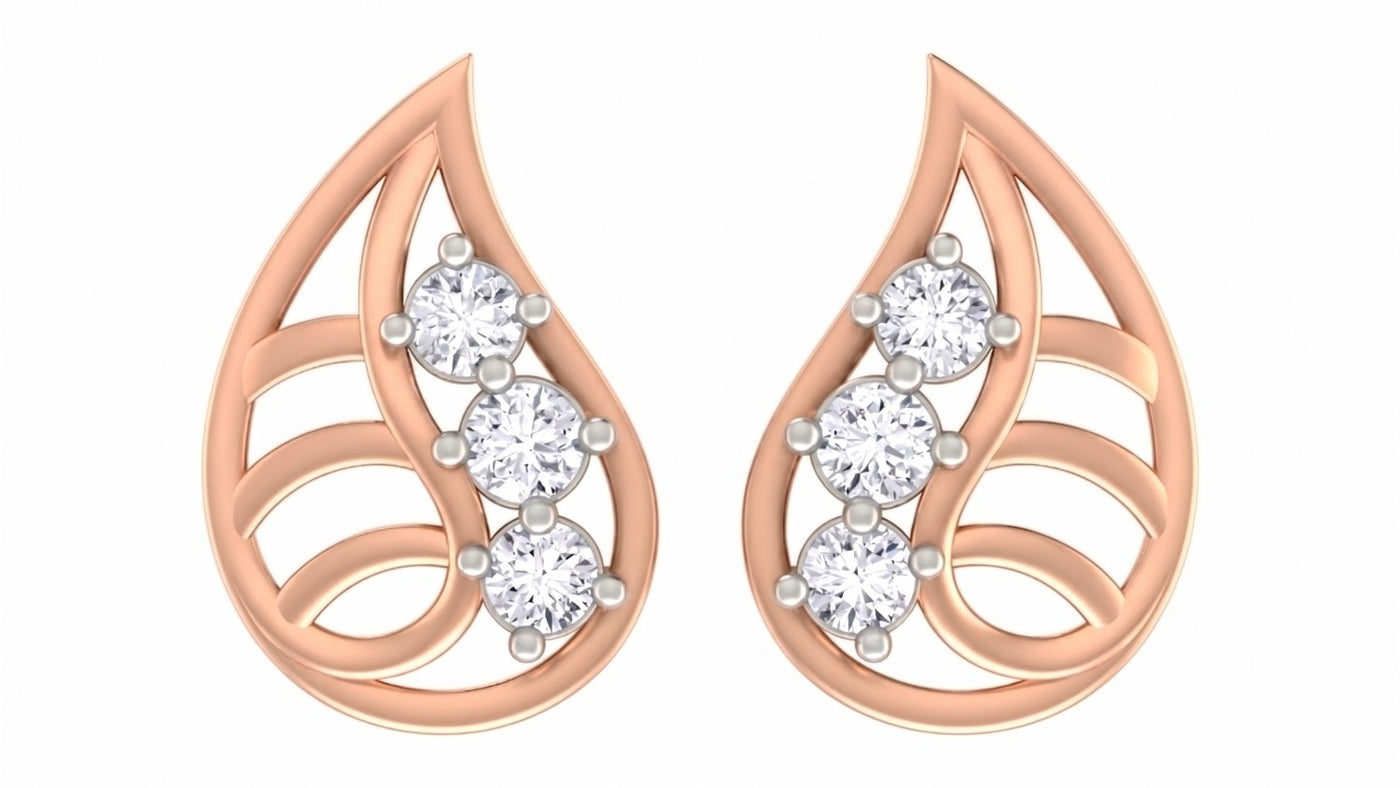 Rose gold and diamond teardrop-shaped stud earrings on a white background
