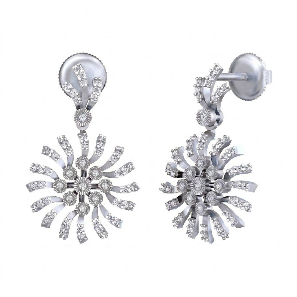 White gold and diamond earring with floral-design on a white background.