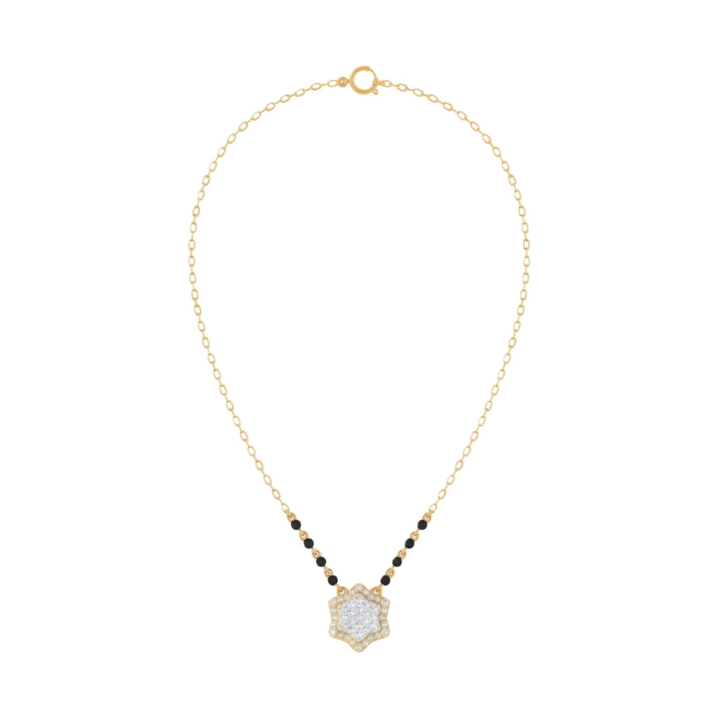 yellow gold and diamond mangalsutra on a white background