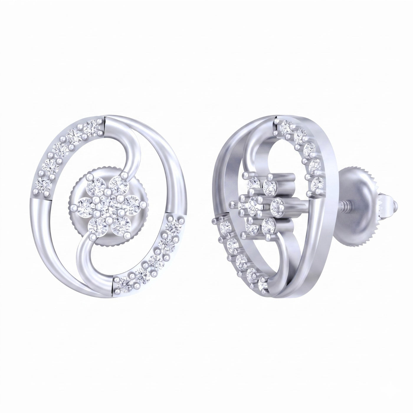 White gold and diamond stud earring with round-shaped on a white background.