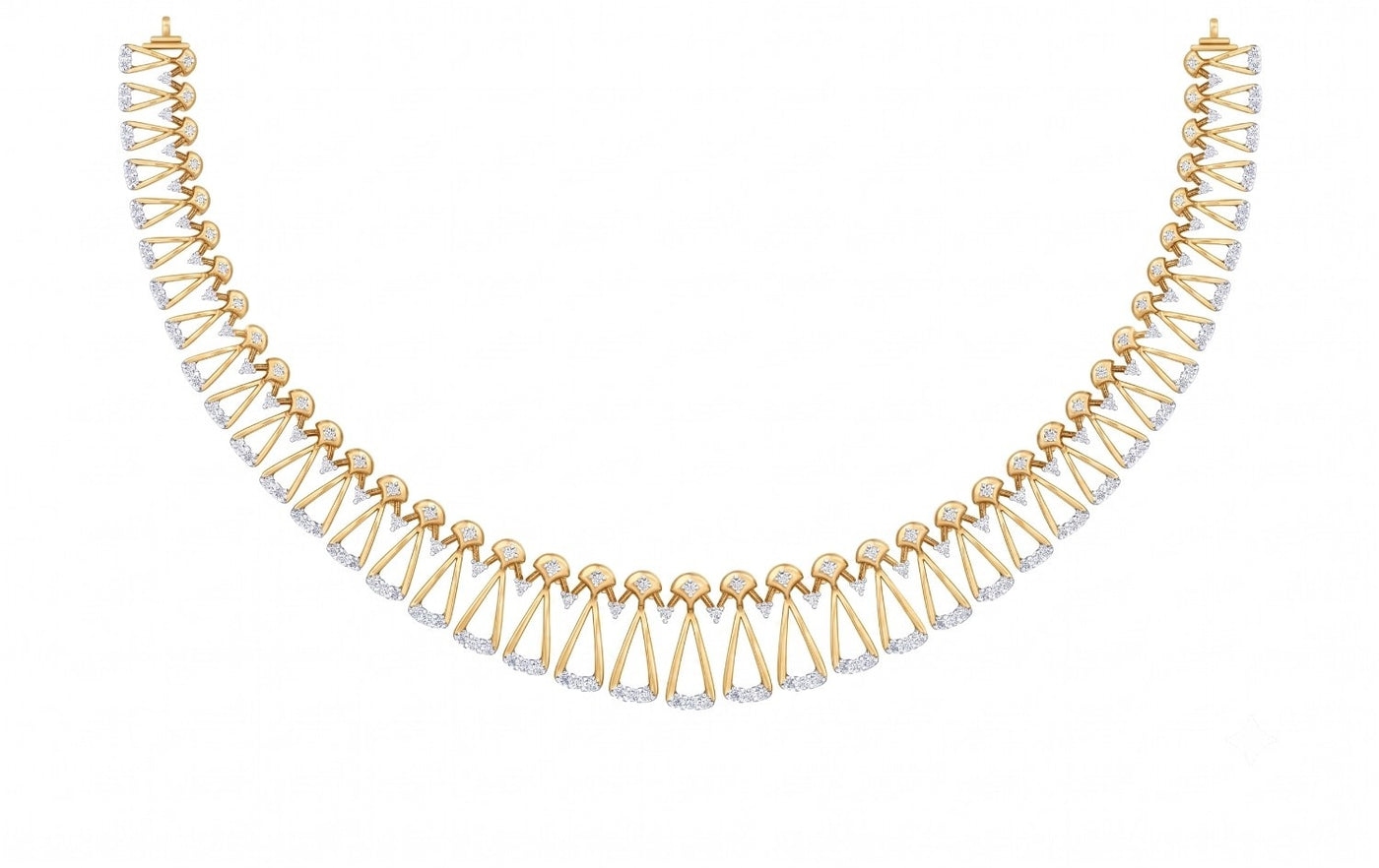 A yellow gold and diamond necklace displayed on a clean white background. The necklace features a curved design with alternating rows of gold teardrop design.