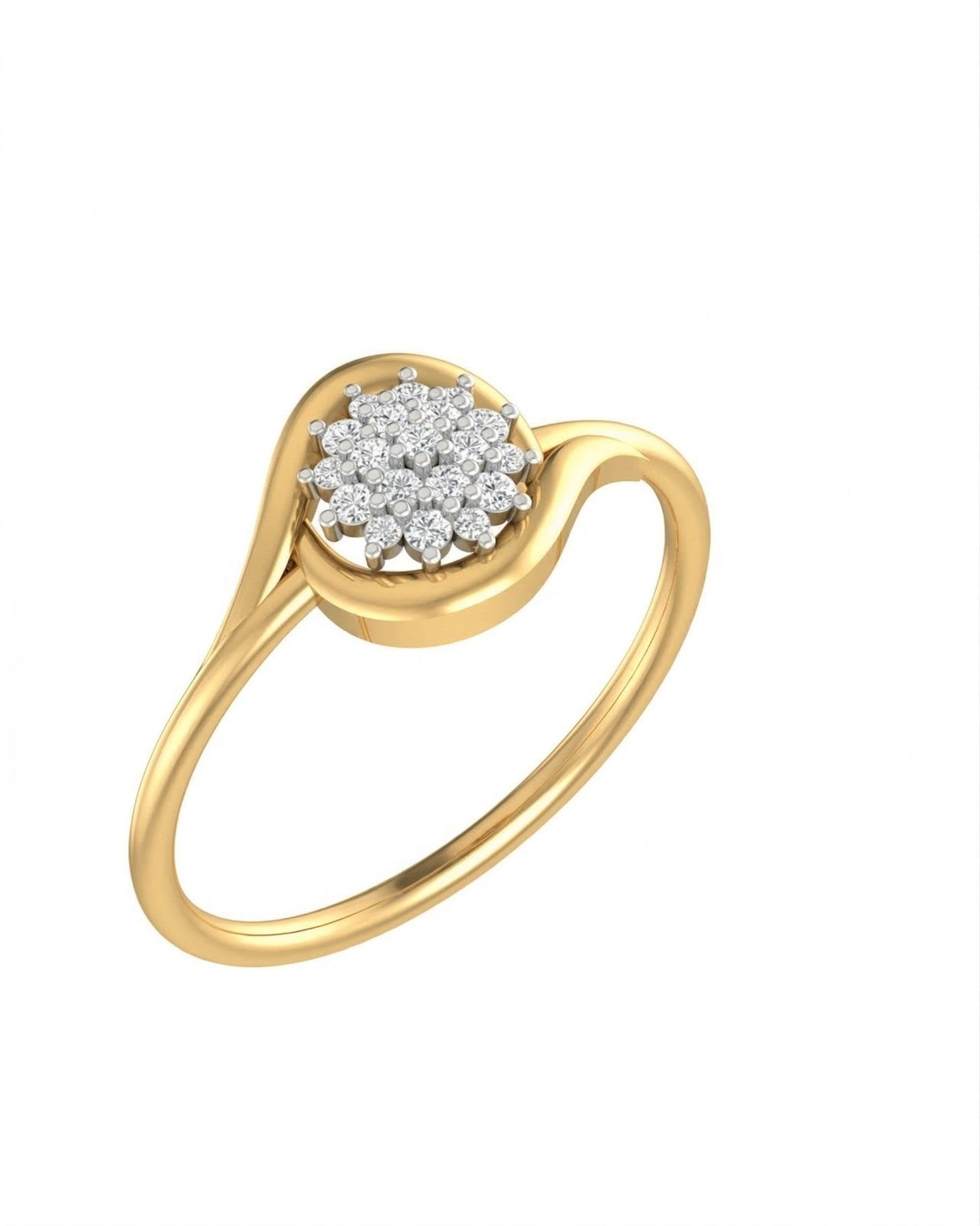 Yellow gold ring with diamond cluster on a white background