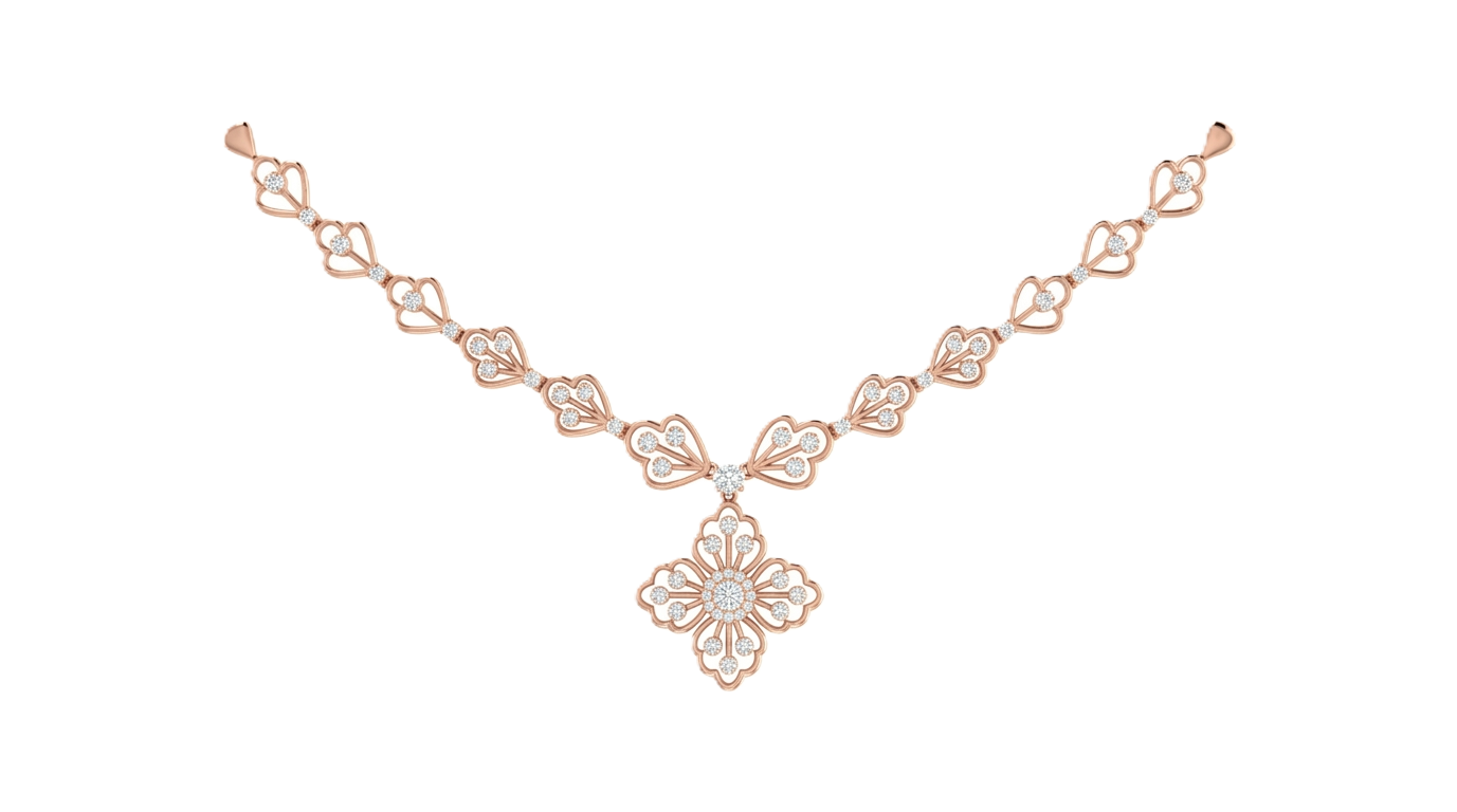 Rose gold and diamond necklace featuring delicate openwork links and a prominent floral quatrefoil pendant with a diamond cluster center.