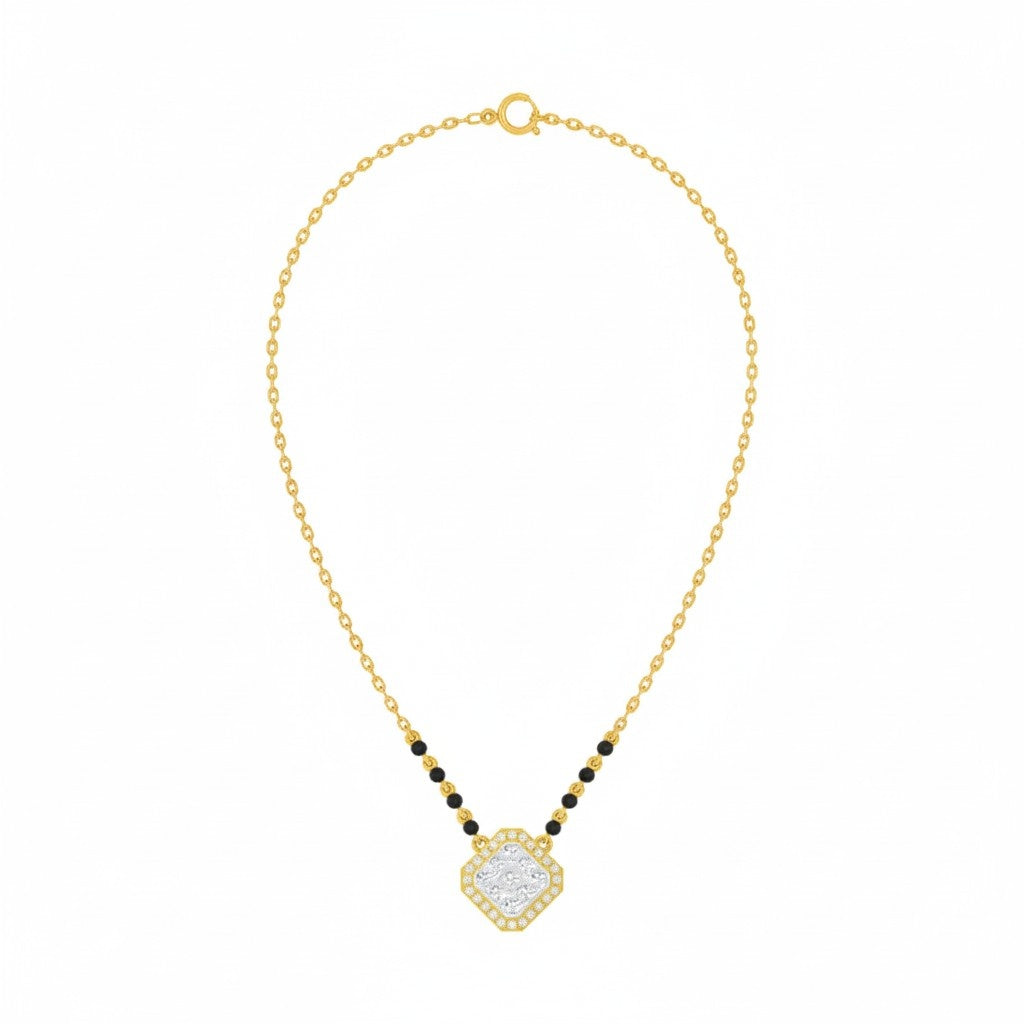 A yellow gold and diamond mangalsutra featuring a central heart-shaped pendant paved with small clear stones, accented by small black beads on either side of the chain, shown on a plain white background.