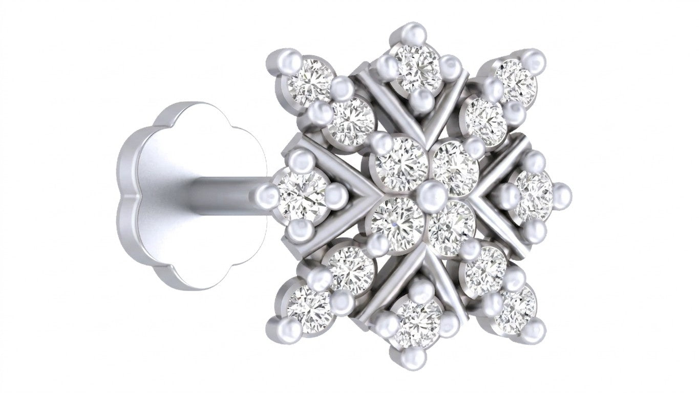 White Gold and diamond stud nose pin snowflake design on a white background