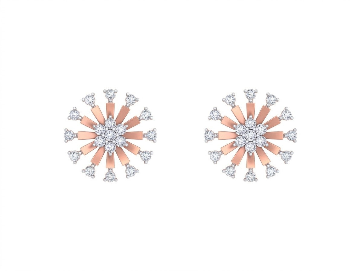Rose gold and diamond round-shaped earrings on a white background.