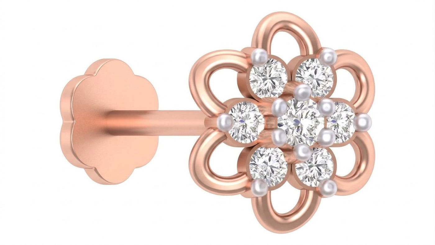 Elegant floral rose gold and diamond stud nose pin in a delicate flower design.