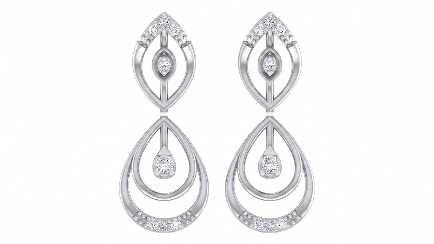 White gold and diamond drop earrings with teardrop design on a white background