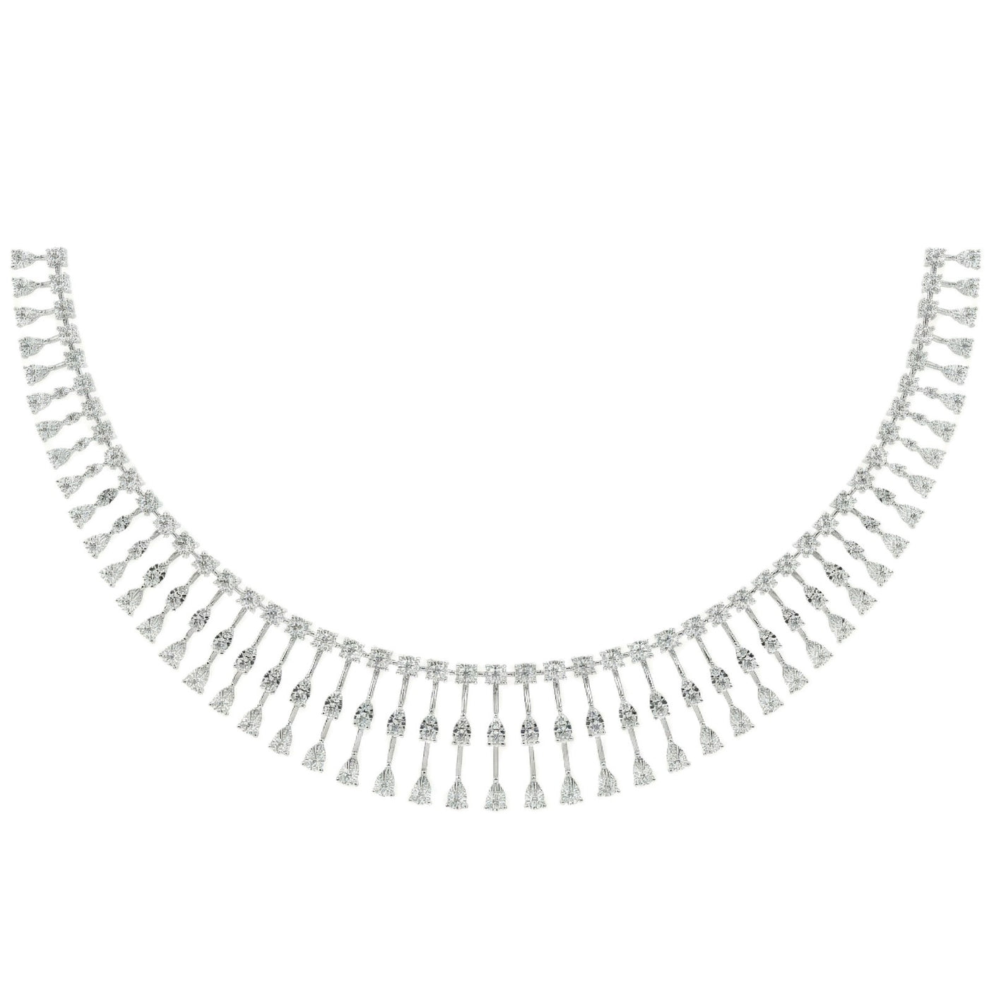 White gold and diamond fringe necklace displayed against a plain white background.