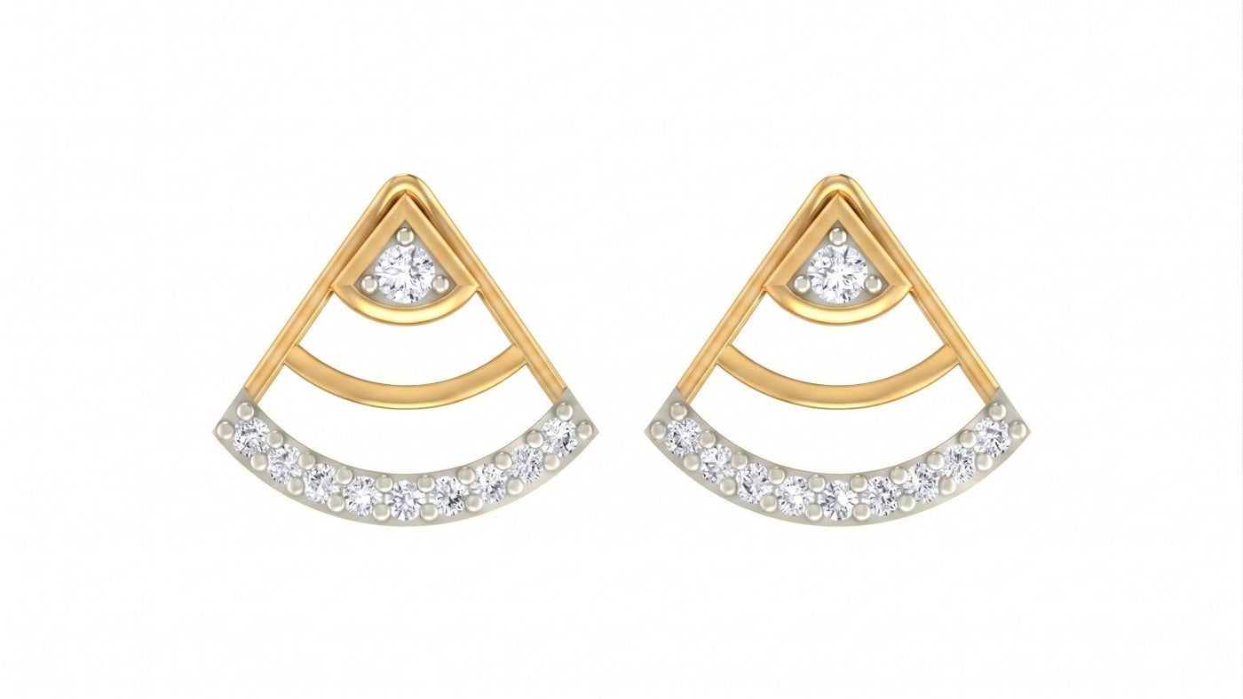 Yellow gold and diamond geometric stud earrings on a white background