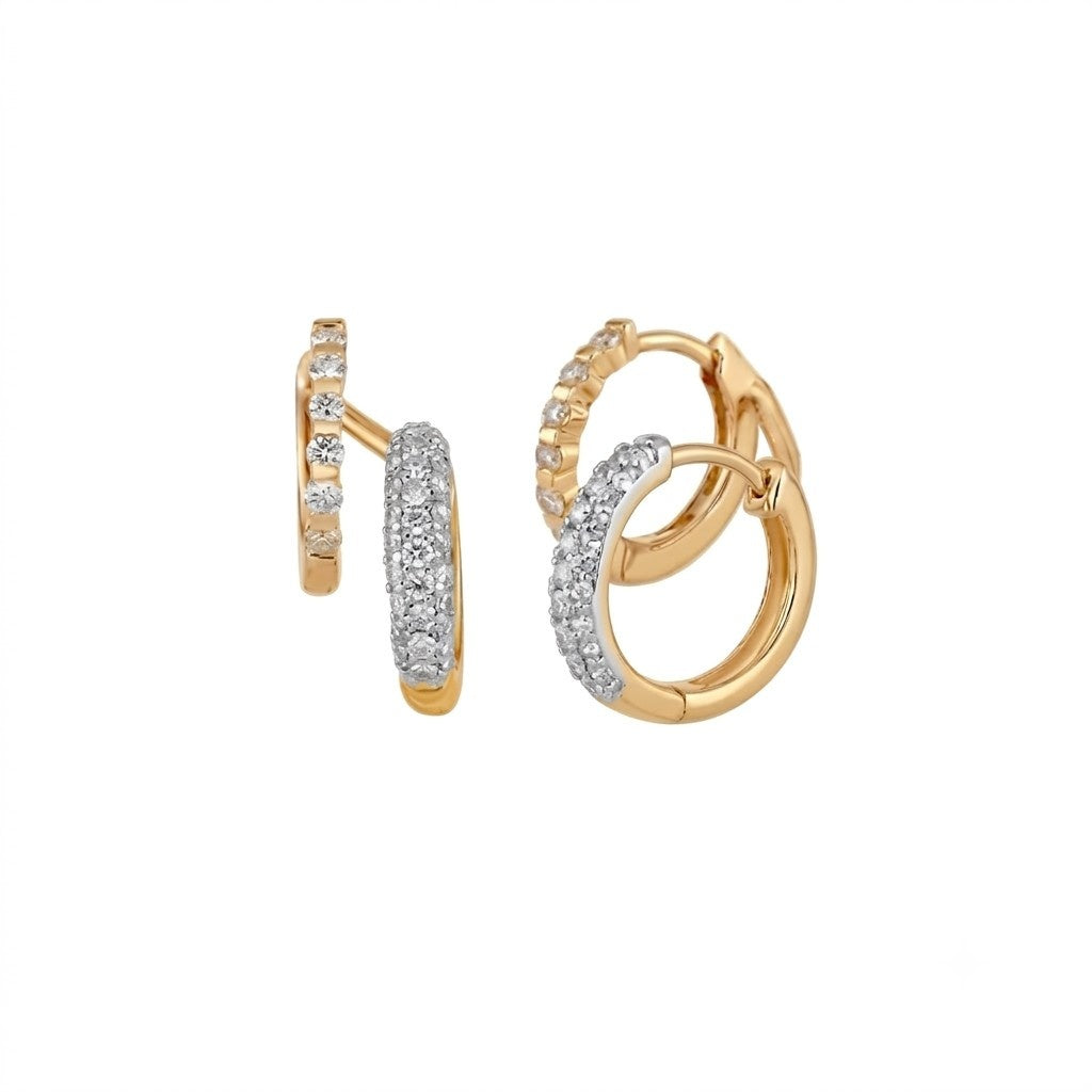 A pair of yellow gold hoop earrings with pavé-set clear stones, shown from multiple angles on a plain white background.