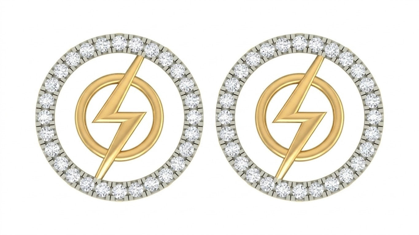 Pair of yellow gold earrings round-shaped with diamond-studded circular frames on a white background.