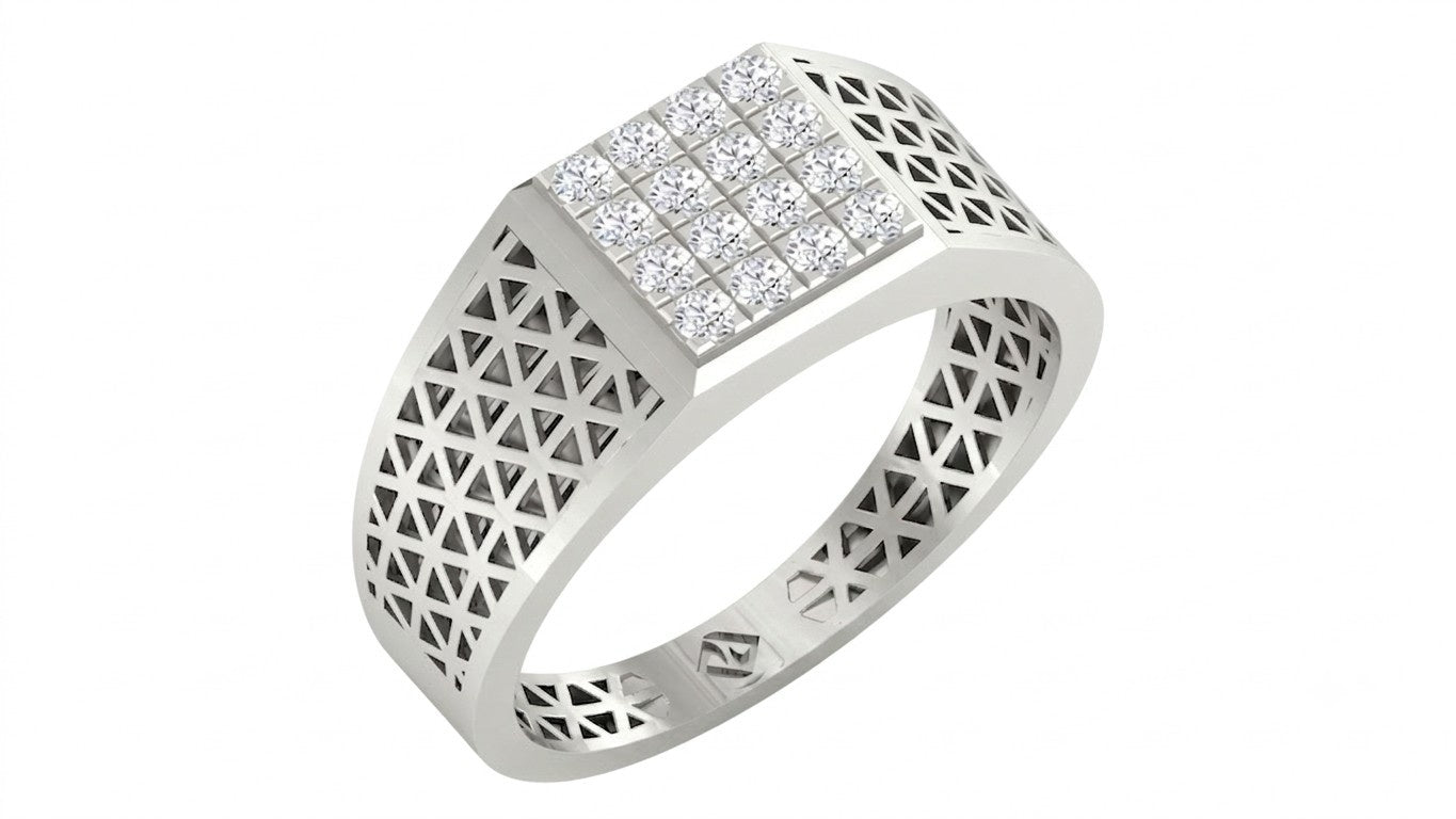 A men's signet-style ring in white gold with a geometric, shown on a plain white background.