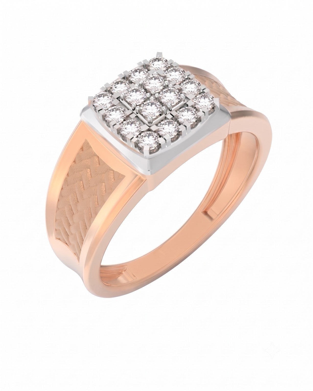 A rose gold and diamond ring featuring a square cluster of clear diamonds, set against a plain white background.