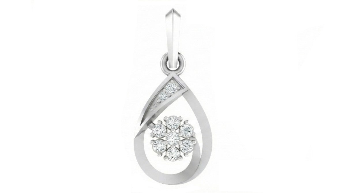 White gold teardrop-shaped pendant with clear gemstones on a white background
