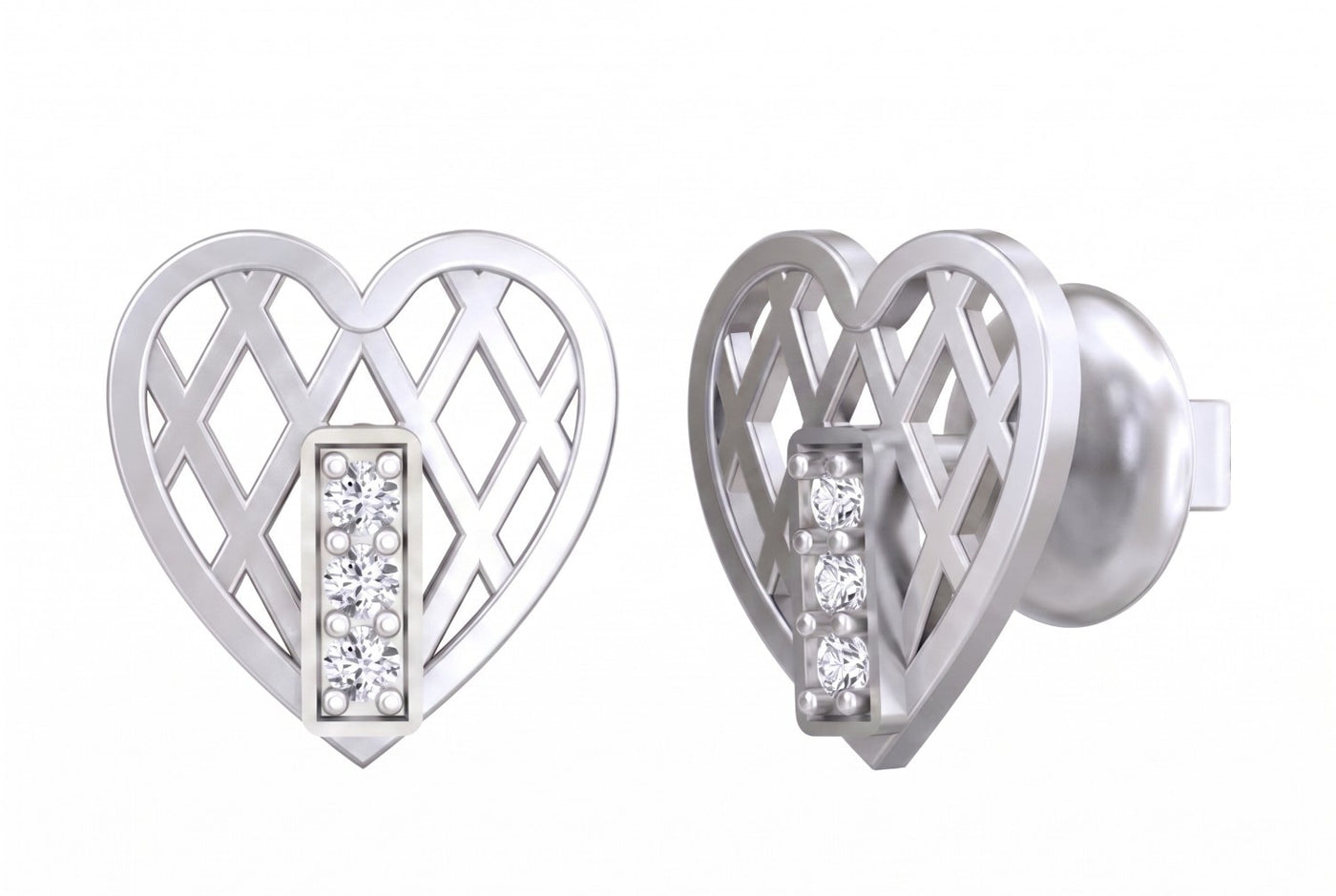 White gold and diamond heart-shaped earrings on a white background
