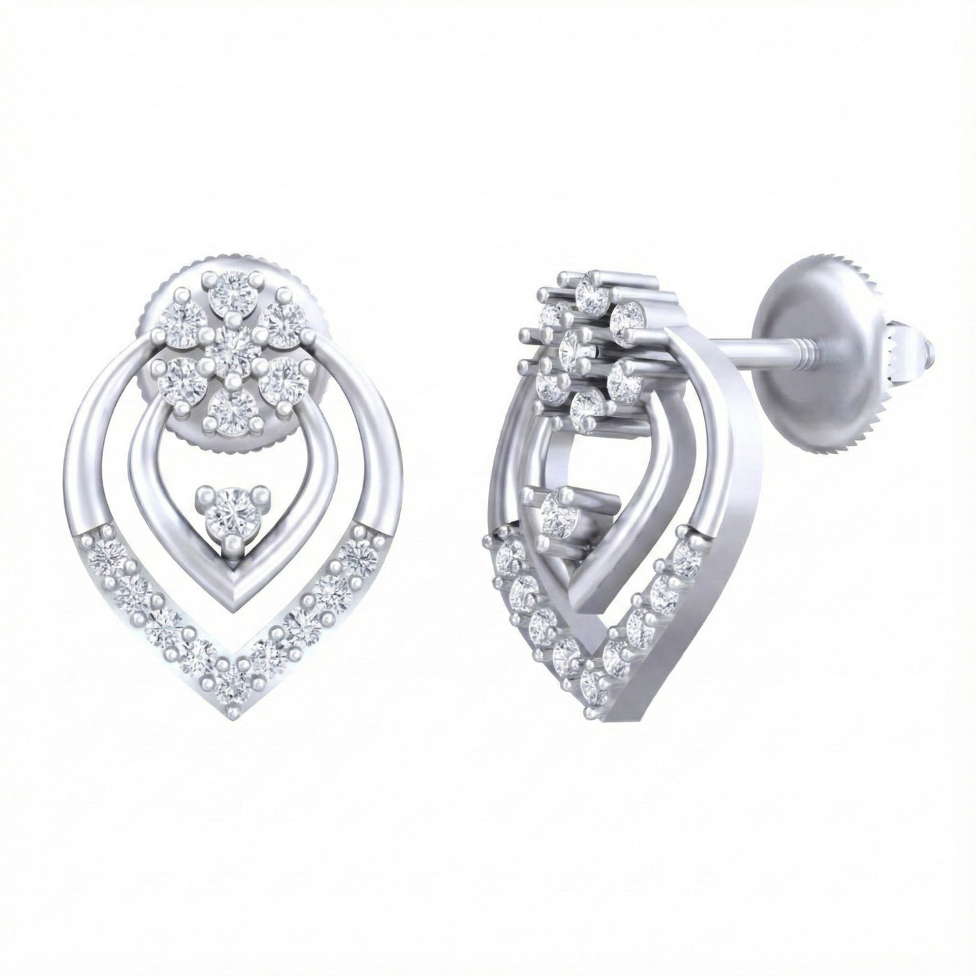 White gold and diamond stud earring  on a white background.