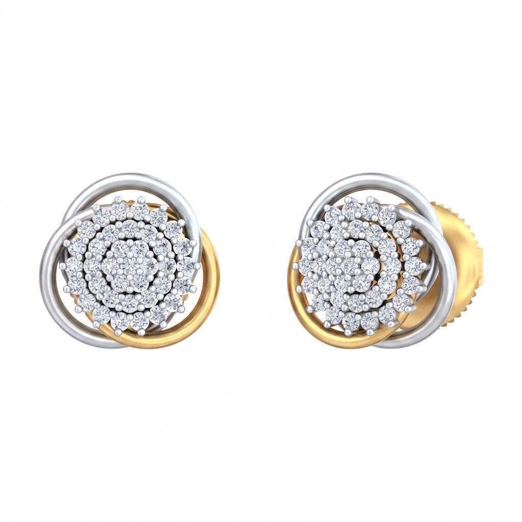 A pair of white gold and diamond double-ring stud earrings with a central cluster