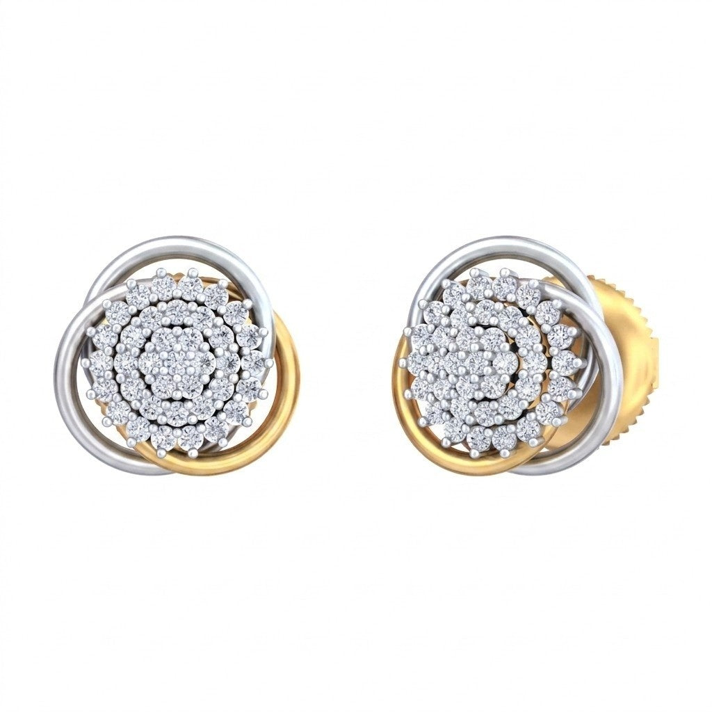 A pair of white gold and diamond double-ring stud earrings with a central cluster, shown on a plain white background.