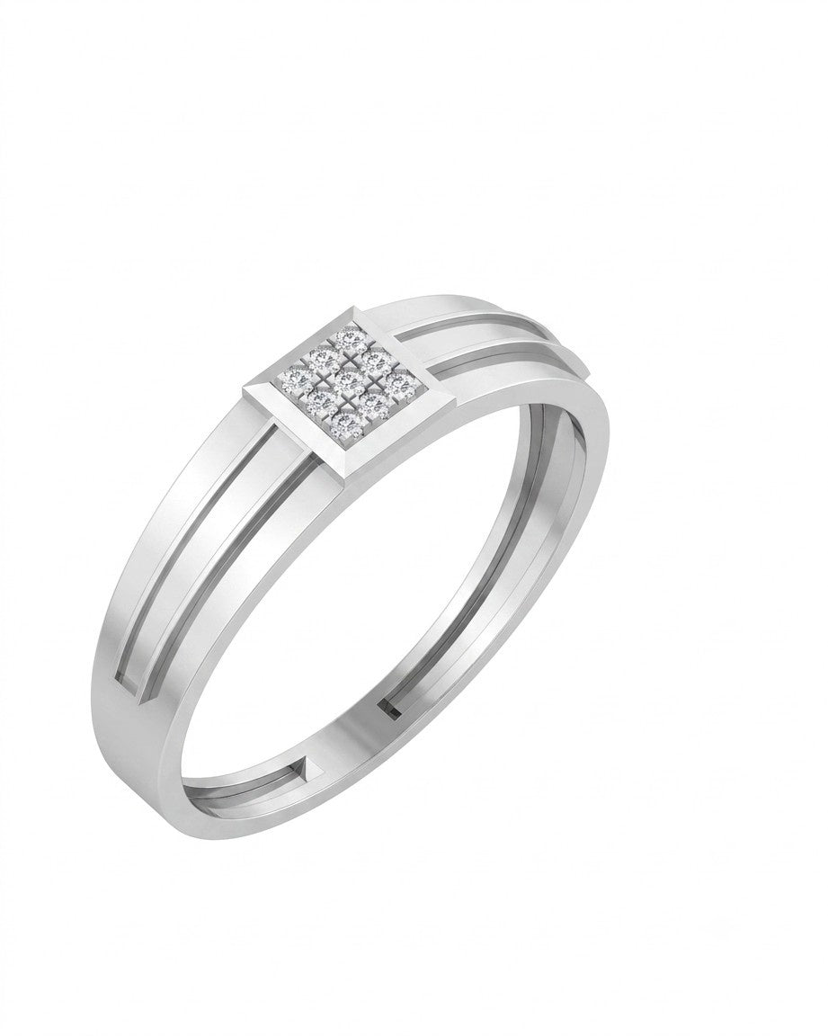 A white gold ring with a square center, set against a plain white background.
