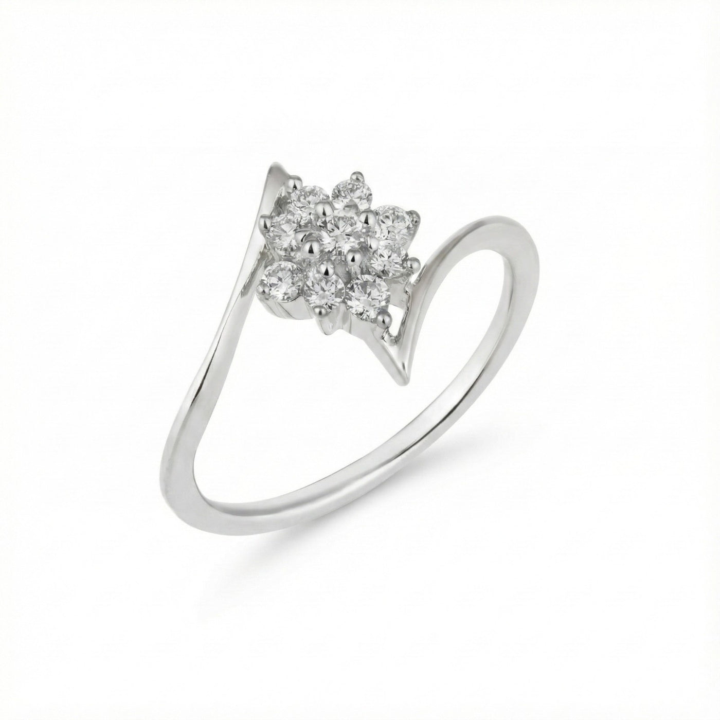 White gold ring with a star-shaped diamond cluster on a white background