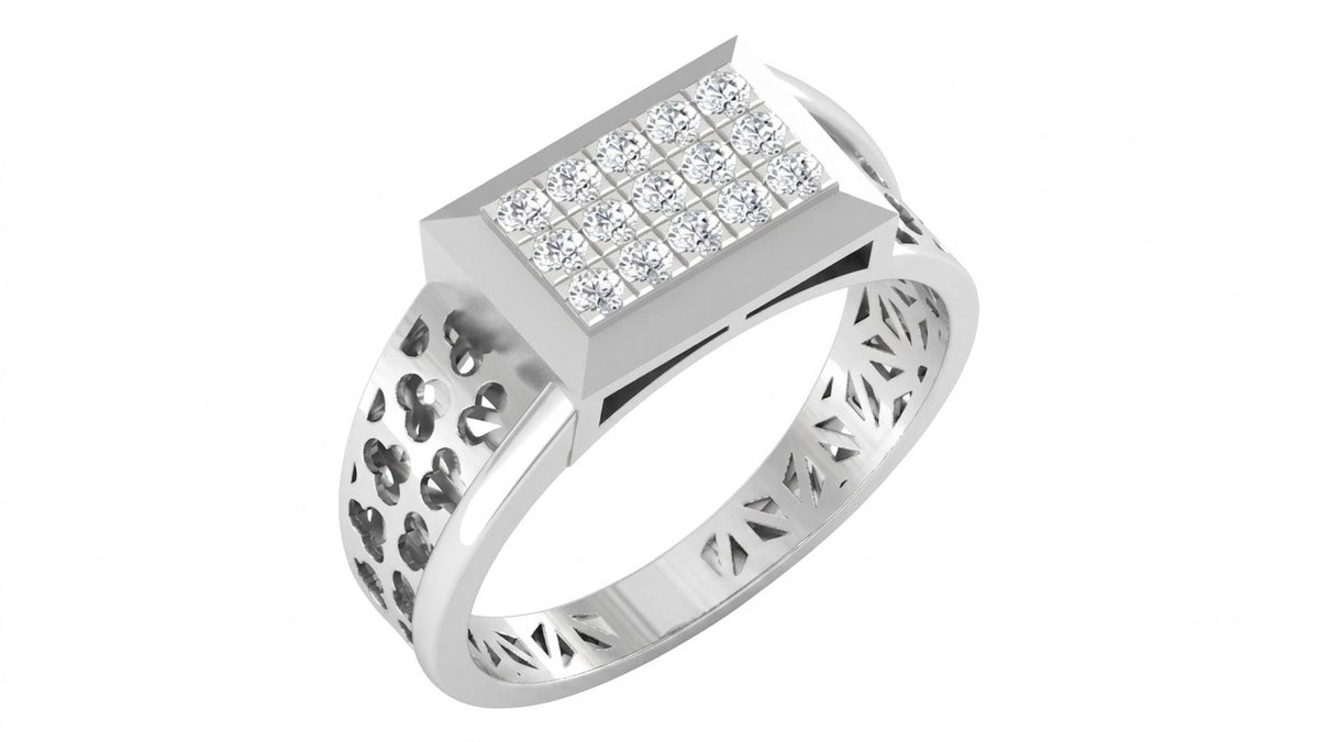 A white gold ring with a rectangular pavé diamond setting, shown on a plain white background.