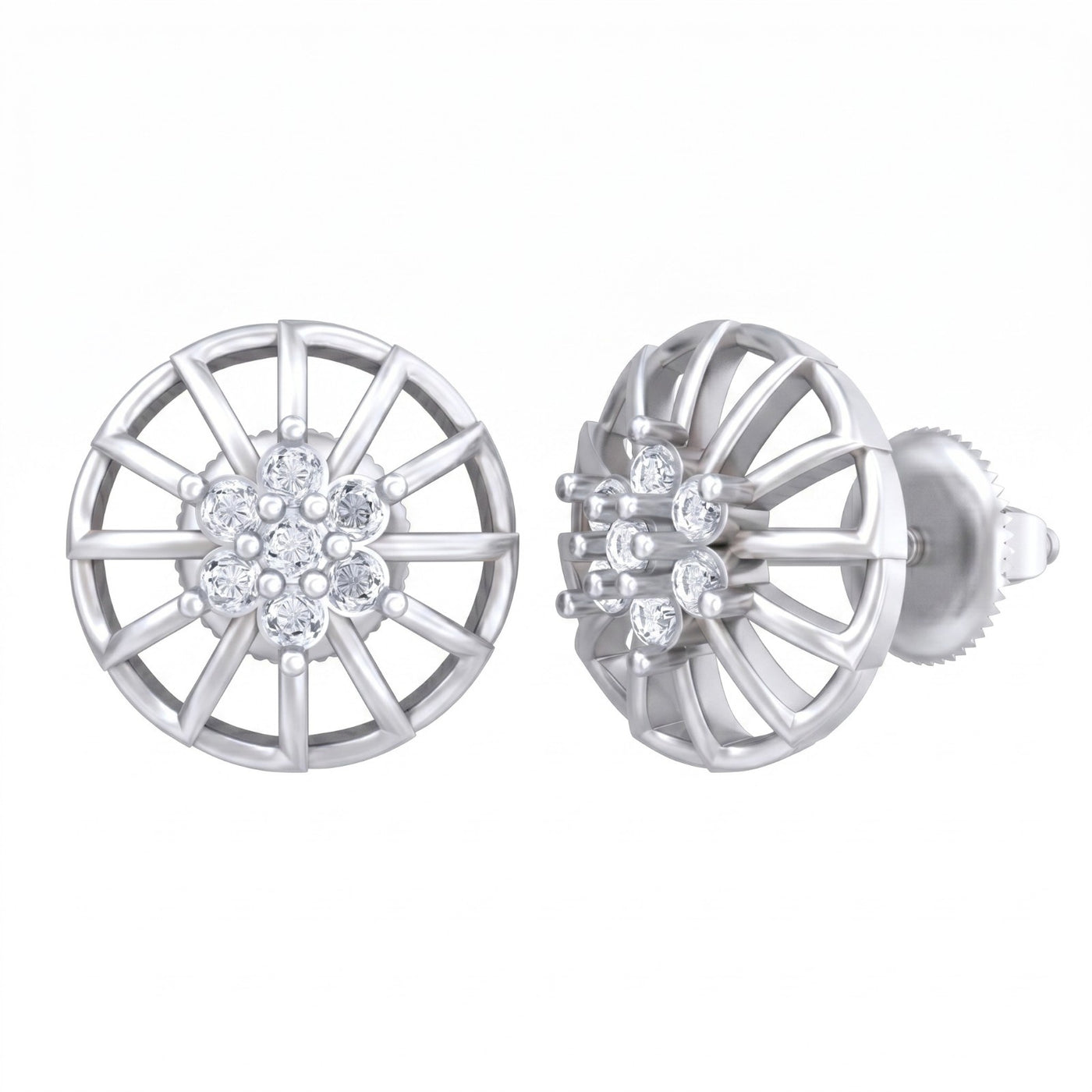 White gold and diamond stud earring with round-shaped on a white background.
