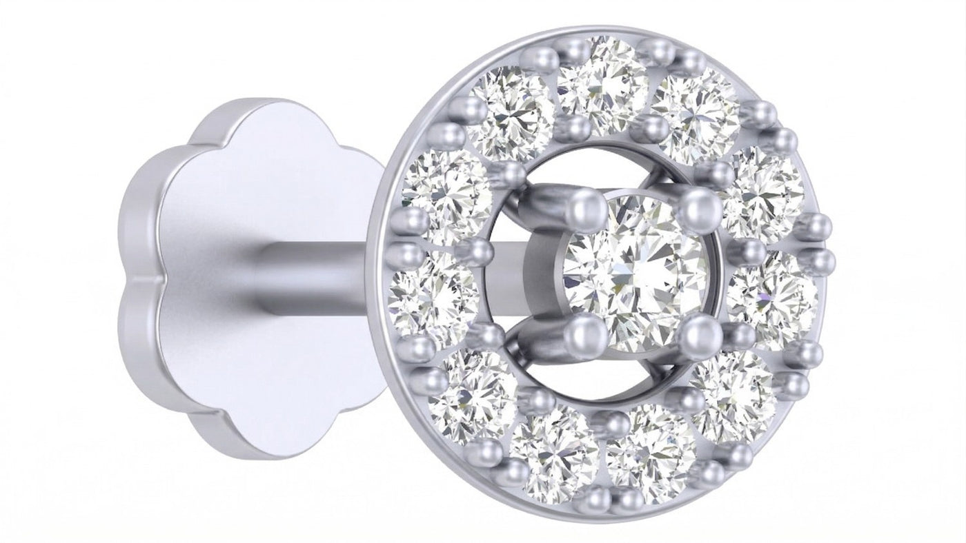 white gold and diamond stud nose pin with clear gemstones on a white background
