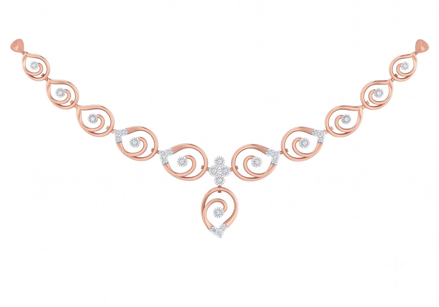 Rose gold and diamond necklace with diamond-accented swirl links and a geometric drop.