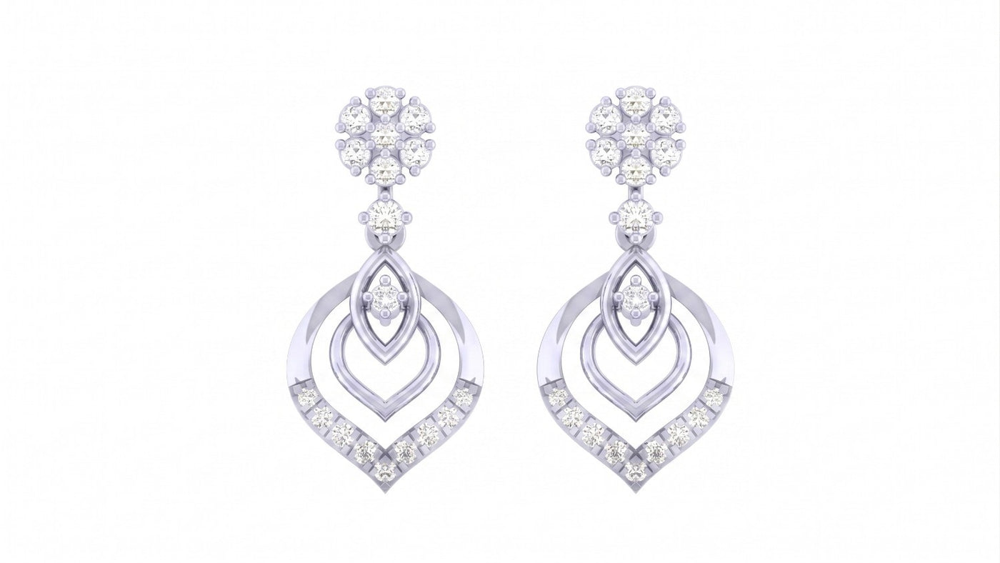 Pair of white gold and diamond drop earrings on a white background