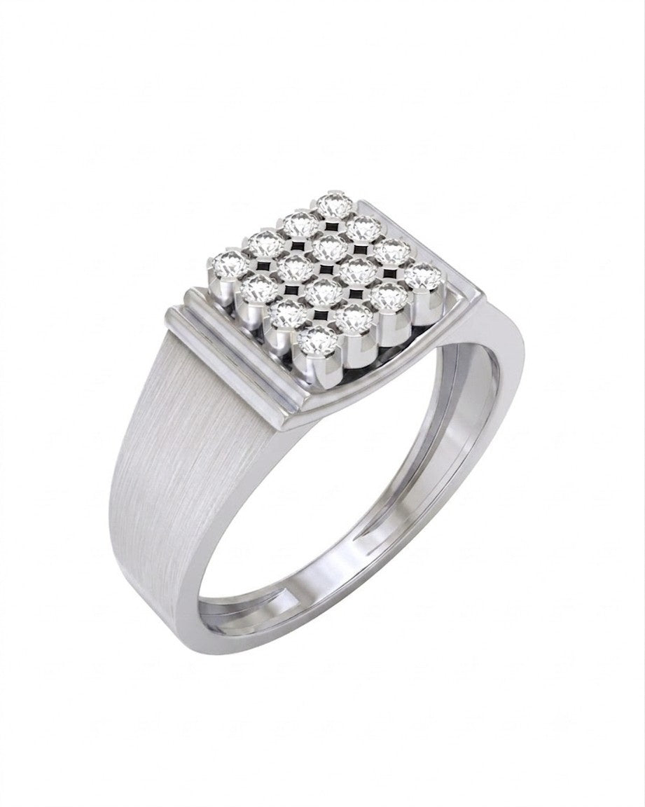 A white gold signet ring featuring a square-shaped, shown on a plain white background.