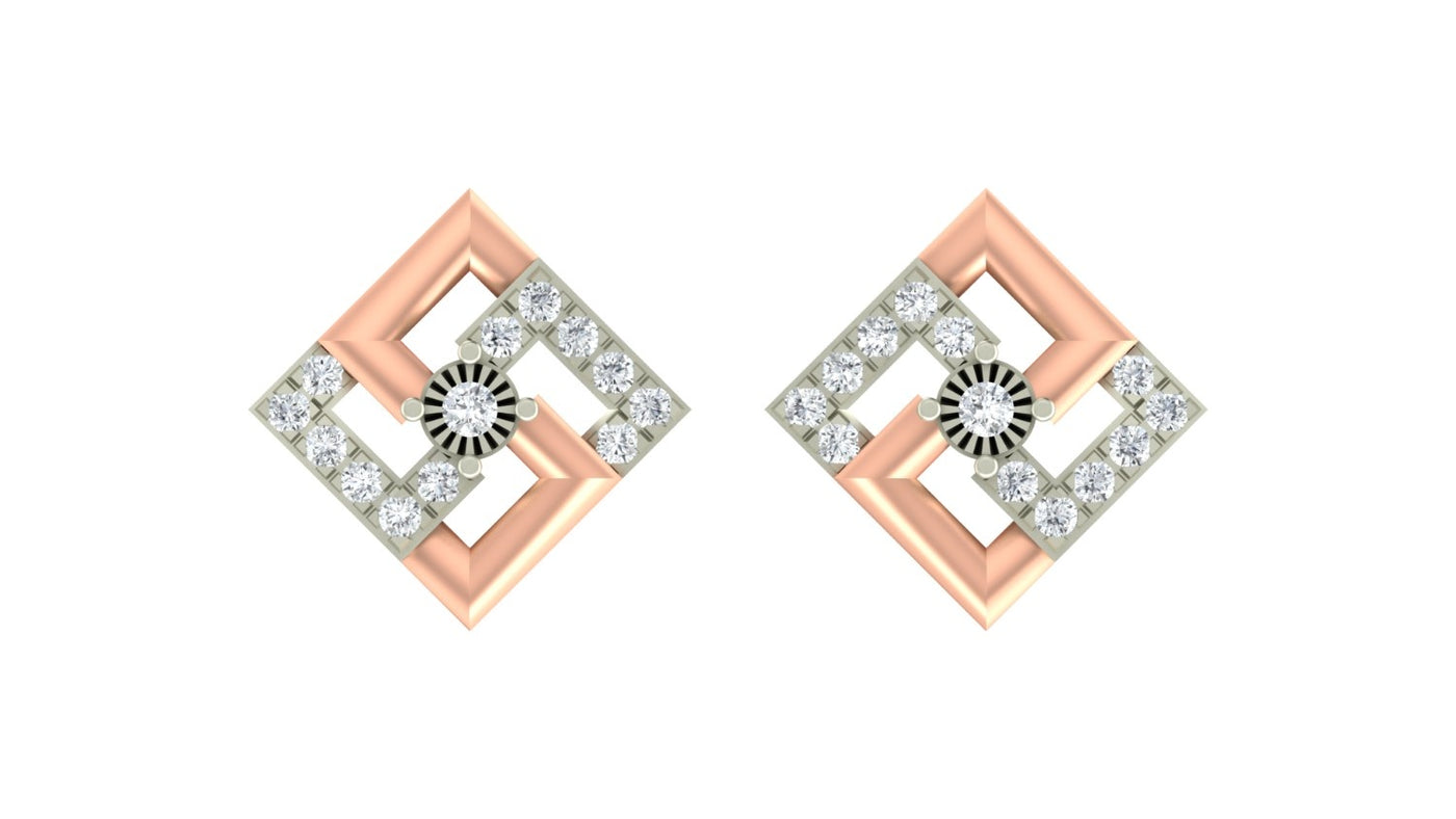 Pair of rose gold square earrings with diamond accents on a white background