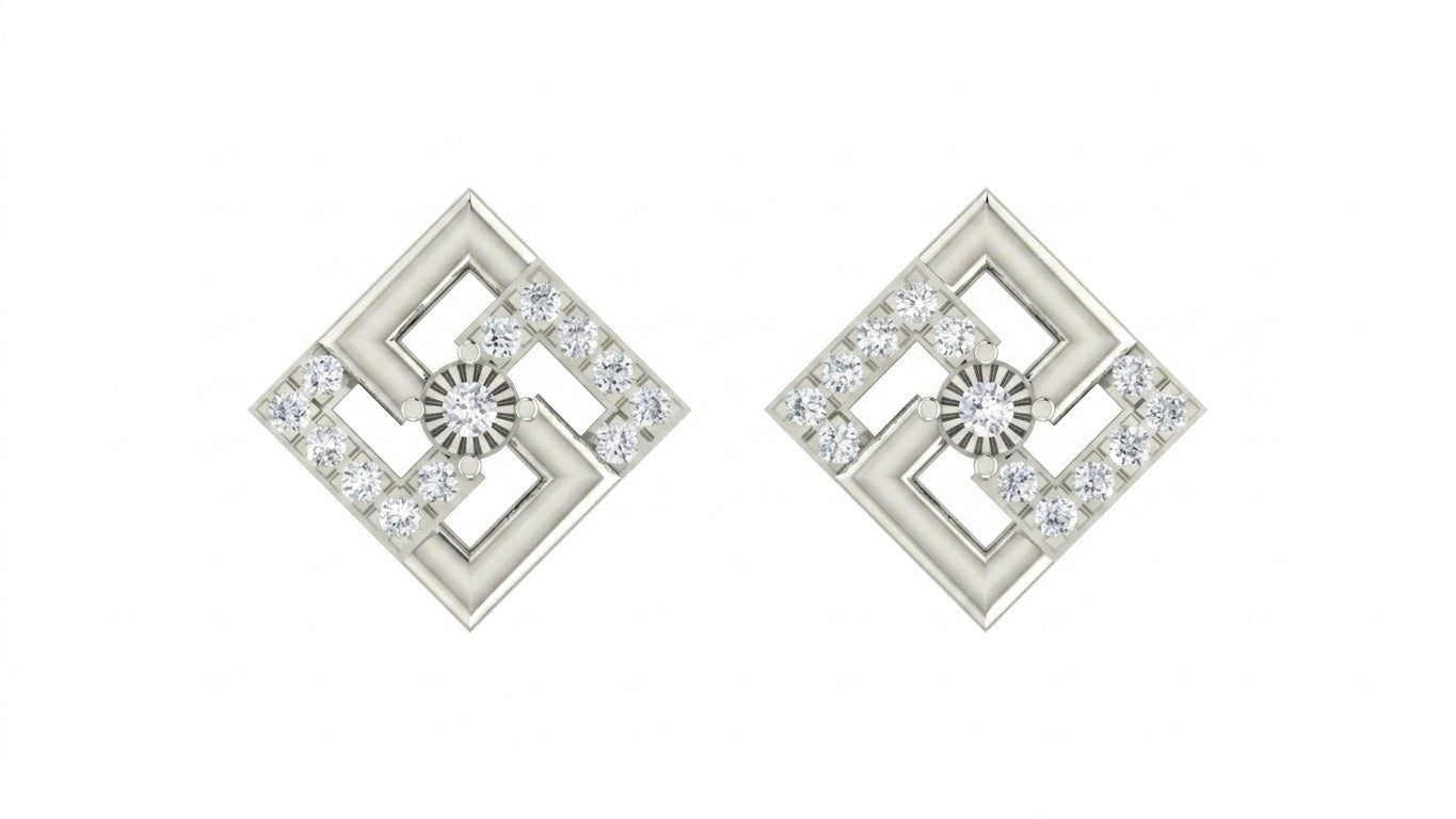 Pair of white gold square earrings with diamond accents on a white background