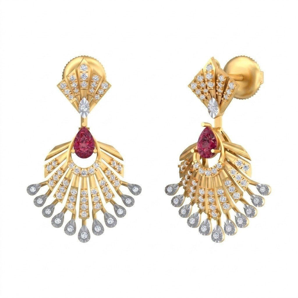 A pair of yellow gold and diamond earrings with a floral design and a central ruby gemstone.