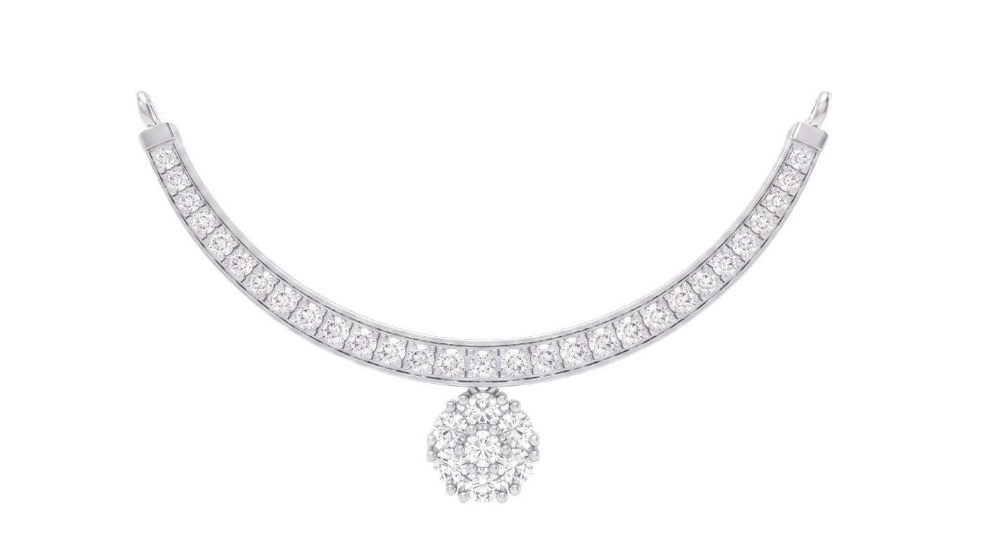 white gold and diamond mangalsutra with diamond accents on a white background