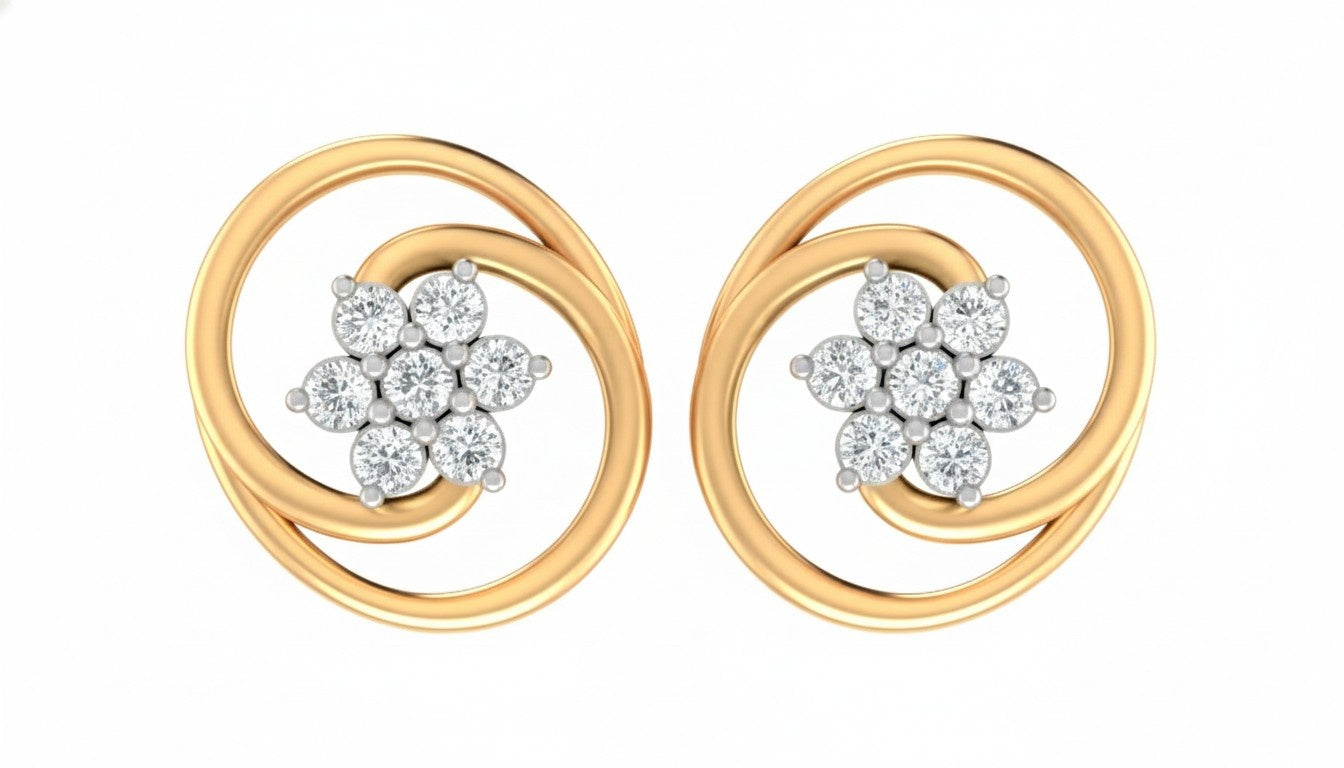 Yellow gold and diamond stud earrings with circular-design on a white background