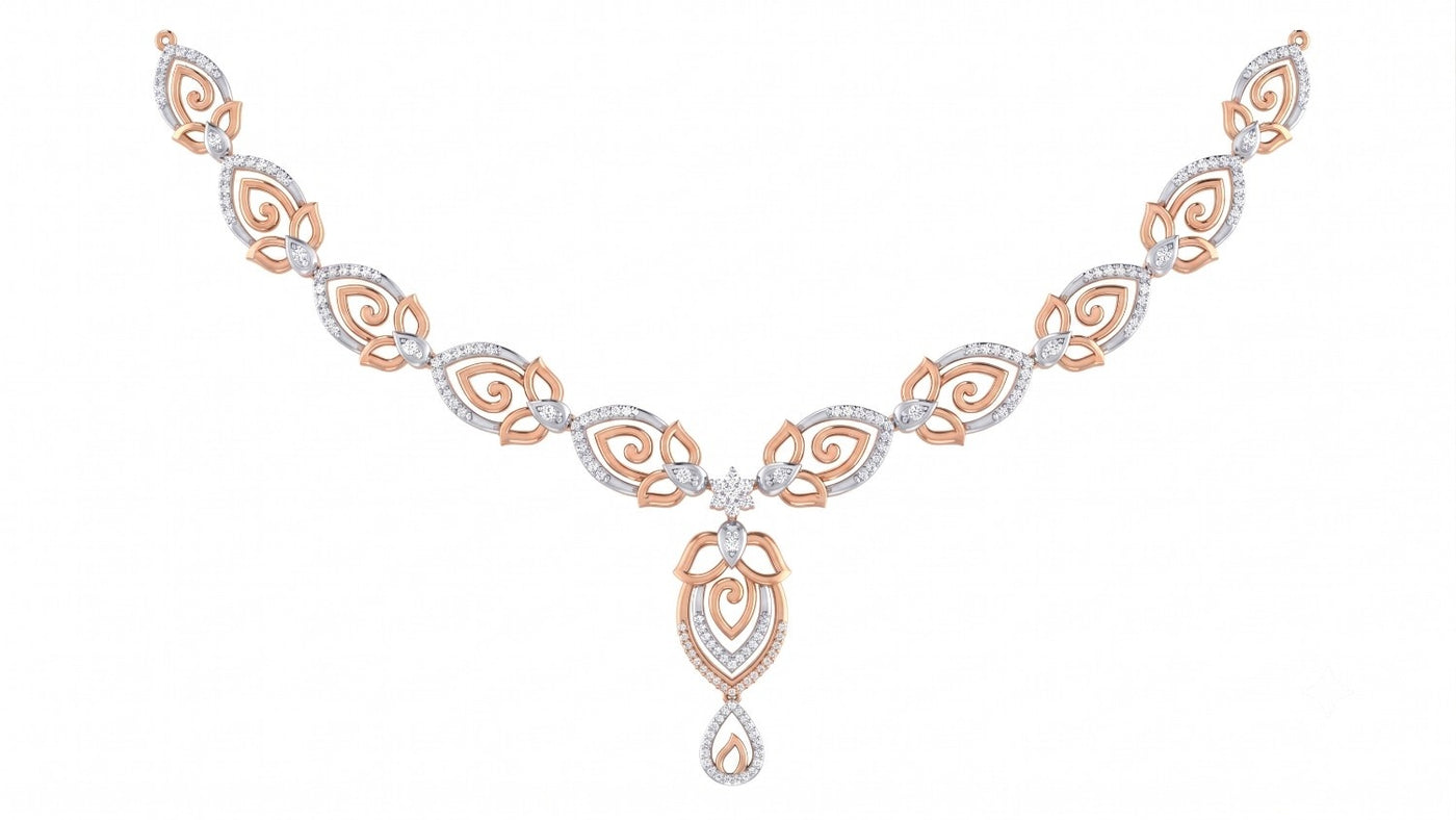 A rose gold and diamond necklace with floral design, displayed on a solid white background.