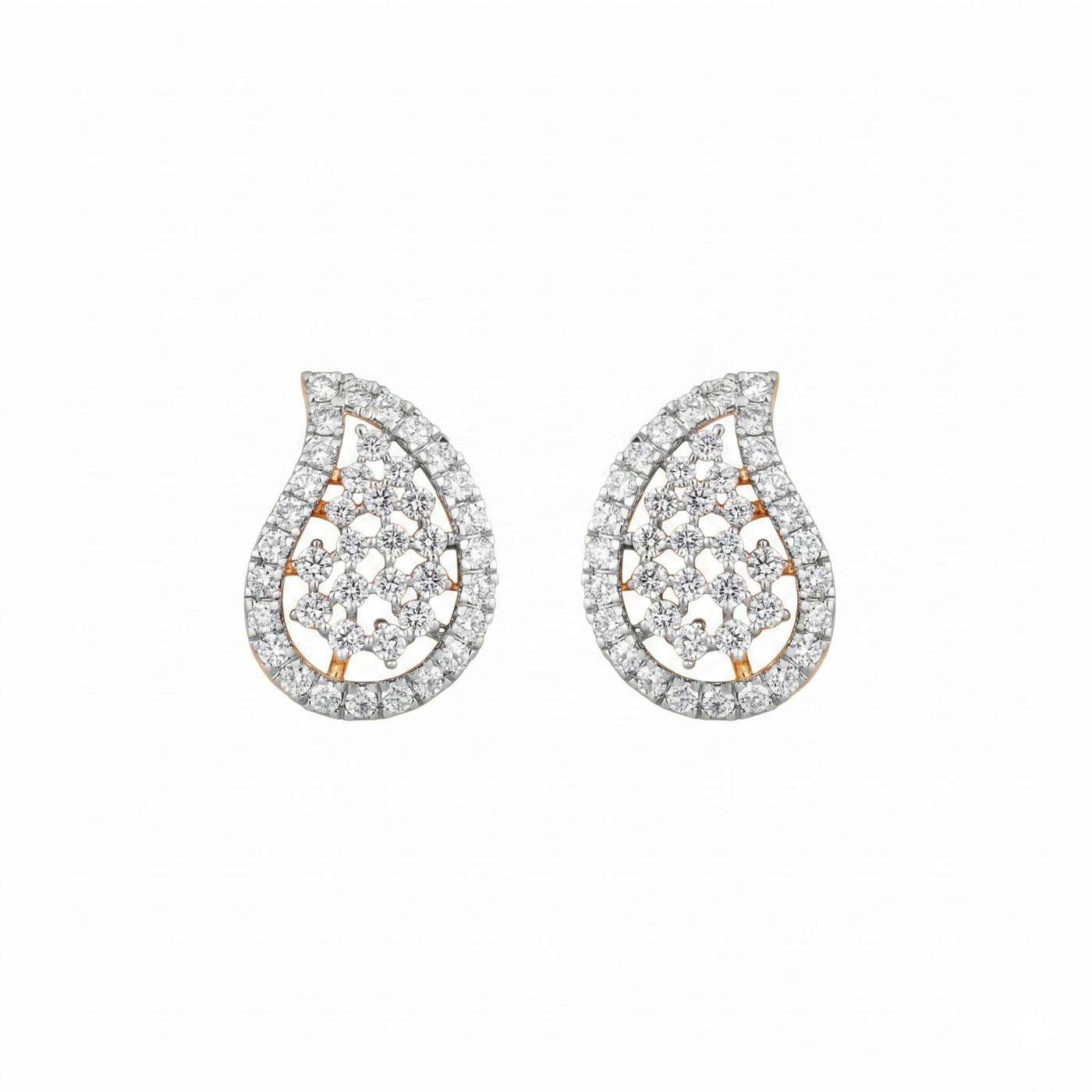 Pair of teardrop-shaped yellow gold earrings with diamond accents on a white background

