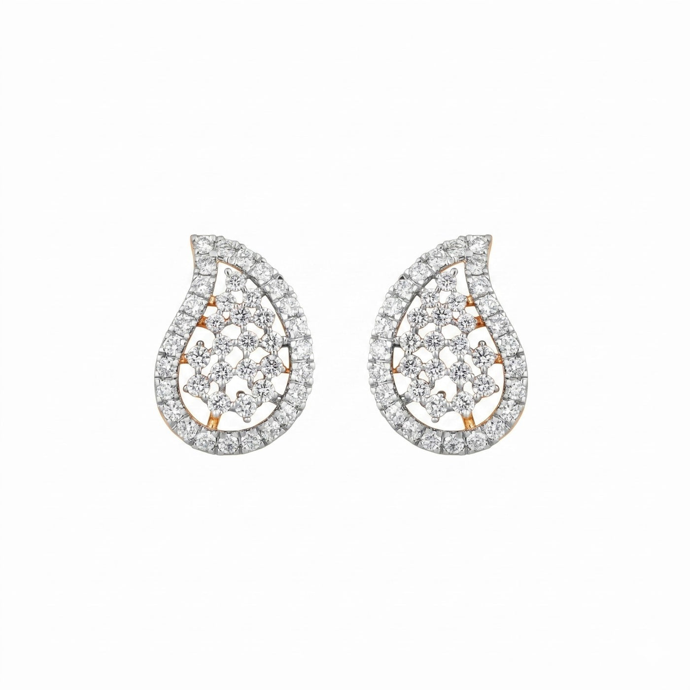 Pair of teardrop-shaped yellow gold earrings with diamond accents on a white background