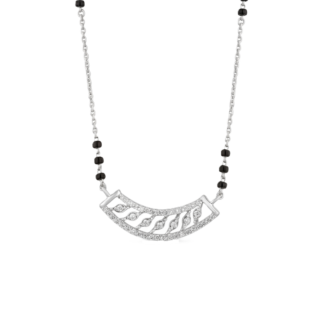 White gold and diamond mangalsutra with black beads on a white background