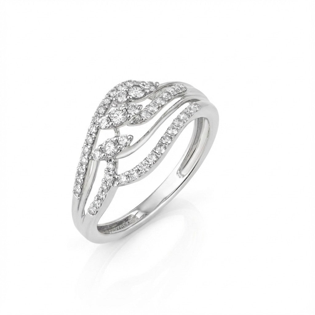 White gold ring with diamond accents on a white background