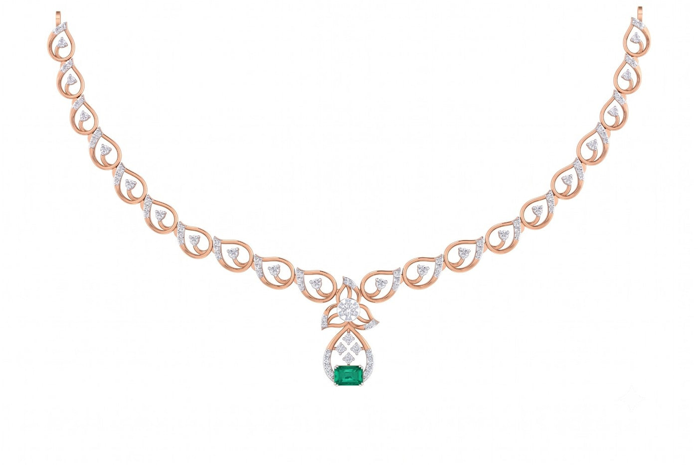 A rose gold and diamond necklace with a teardrop-shaped green emerald pendant, displayed on a clean white background.