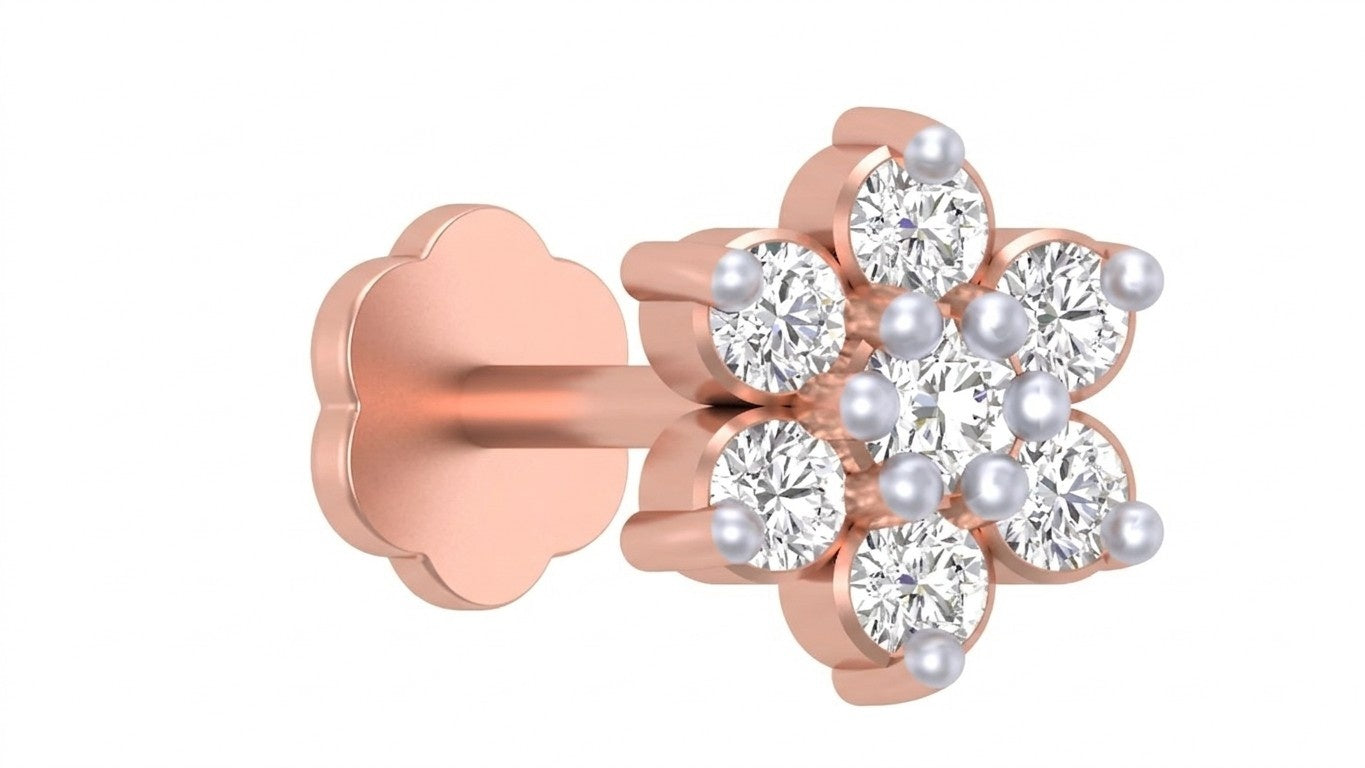 rose gold and diamond stud nose pin-like stones on a white background