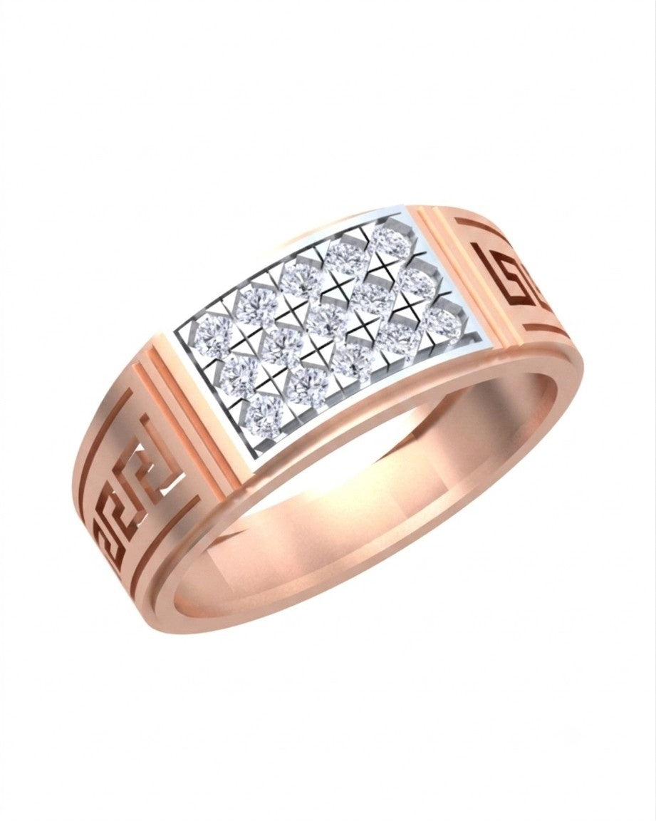 A men's rose gold ring with a rectangular pavé diamond center, shown on a plain white background.